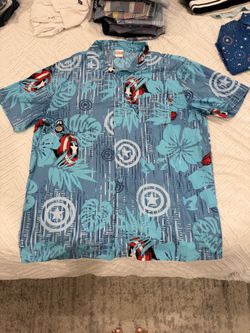Marvel Captain America Hawaiian Button-Up Shirt Men's XL Blue Tropical
