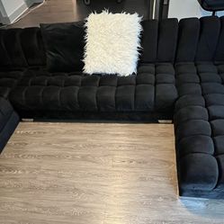 Black Tufted Suede Sectional Couch