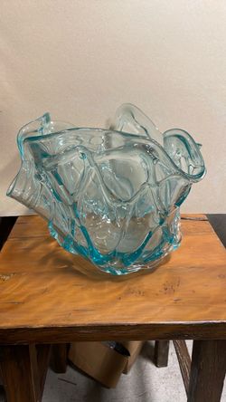 Aqua Blue Art Glass Ruffled Vase