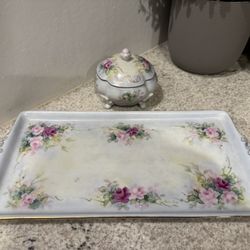 Antique Floral Rose Porcelain Vanity Serving Tray with Gold Trim and Dish