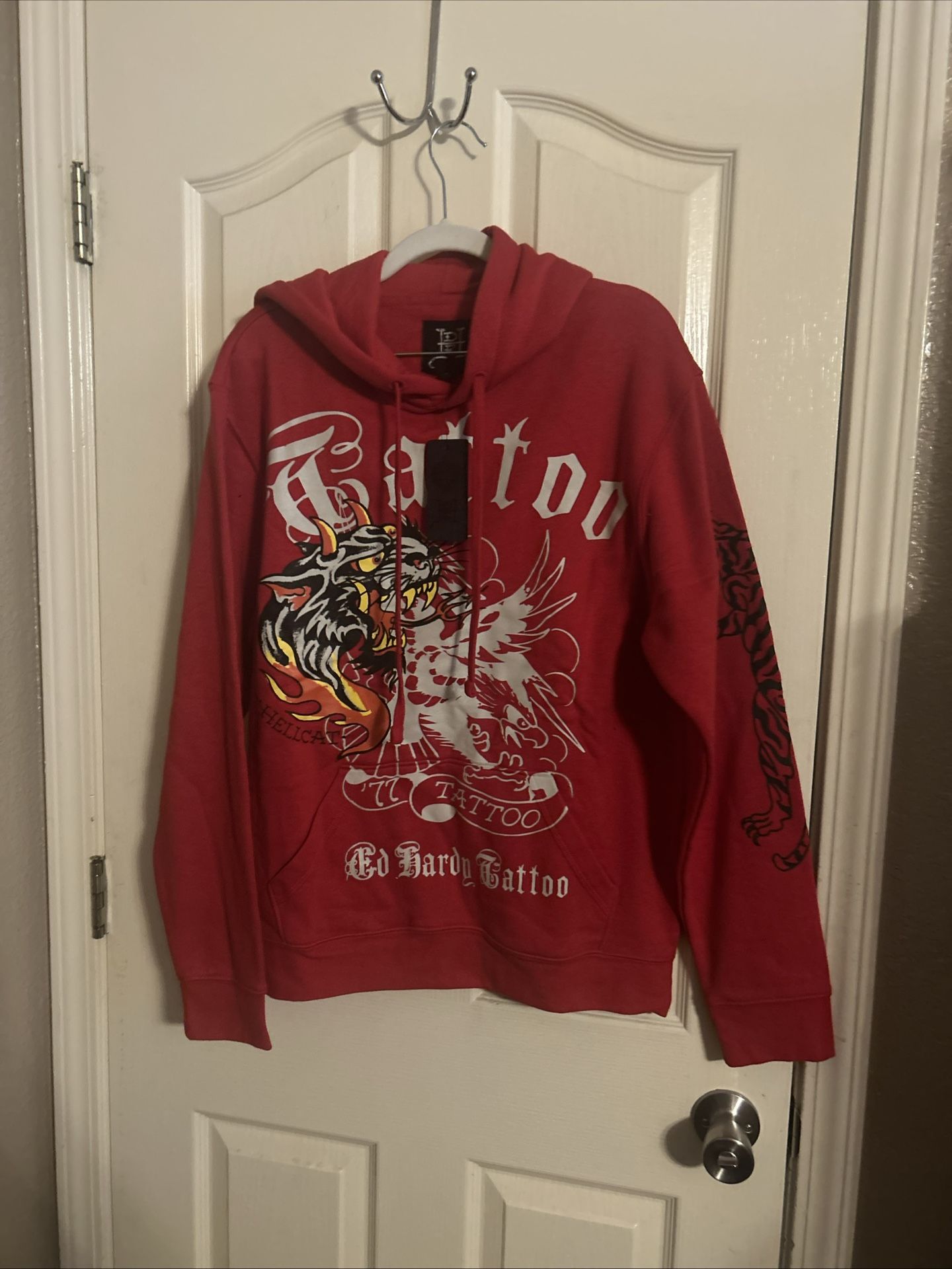 Ed Hardy Men's Tiger Tattoo Red Hoodie Size Medium New With Tags Pullover
