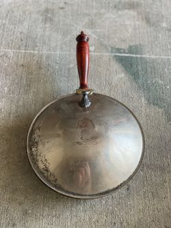 Antique Silver On Copper BedWarmer/Crumb Catcher w/ Wooden Handle, Embossed Fish