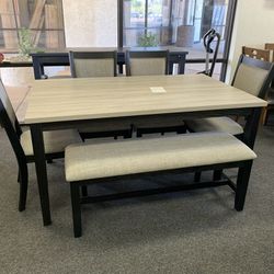 Wooden Black And Grey Dining Table With 4 Chairs And Bench 