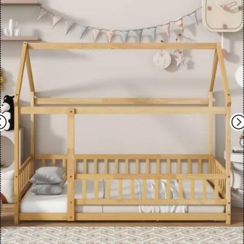 Twin Size House Floor Bed with Roof, Door Frame, Safety Fence,Montessori
