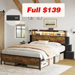Full Bed Frame with Bookcase Headboard and 6 Headboard Storage Drawers LED Lights Metal Platform Non-Slip Without Noise Metal Slats Support No Box Spr