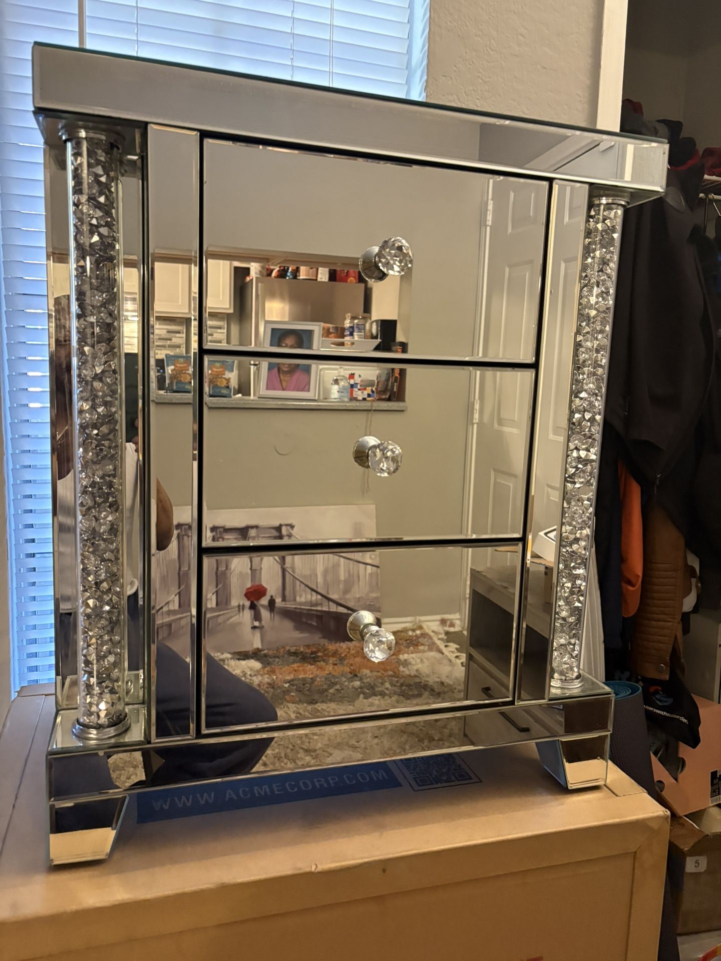 All New Faux Diamonds And Mirrored  3 Drawer Nightstand 