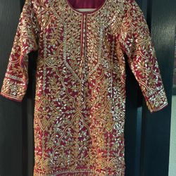 Custom Hand Made Formal Dress / Longer Blouse Hot Pink And Gold, Middle East / India Design Dress 