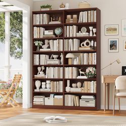 83.7" Bookshelf and Bookcase, 7-Tier Double Bookshelves, Cherry Modern Large Bookshelf with 14 Open Display Shelves, Tall Bookcase and Wide Book Shelv
