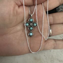 Vintage 925 Sterling Silver W/ Natural Turquoise Cross Native Am. Zuni Necklace , 20 In. 925 Chain , Gorgeous!