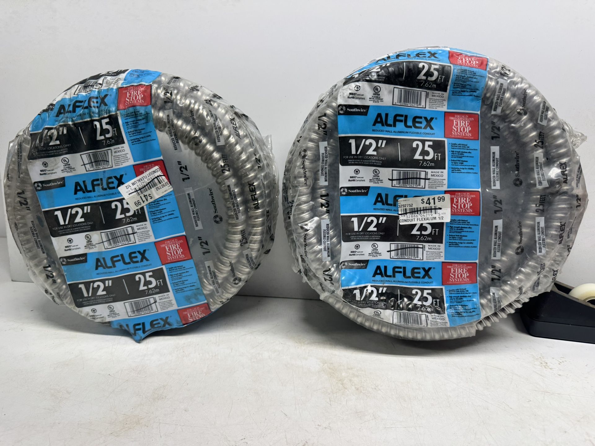 (2) New Alflex 1/2” x 25’ Aluminum Flexible Conduit. $30 Each. Must Pick Up