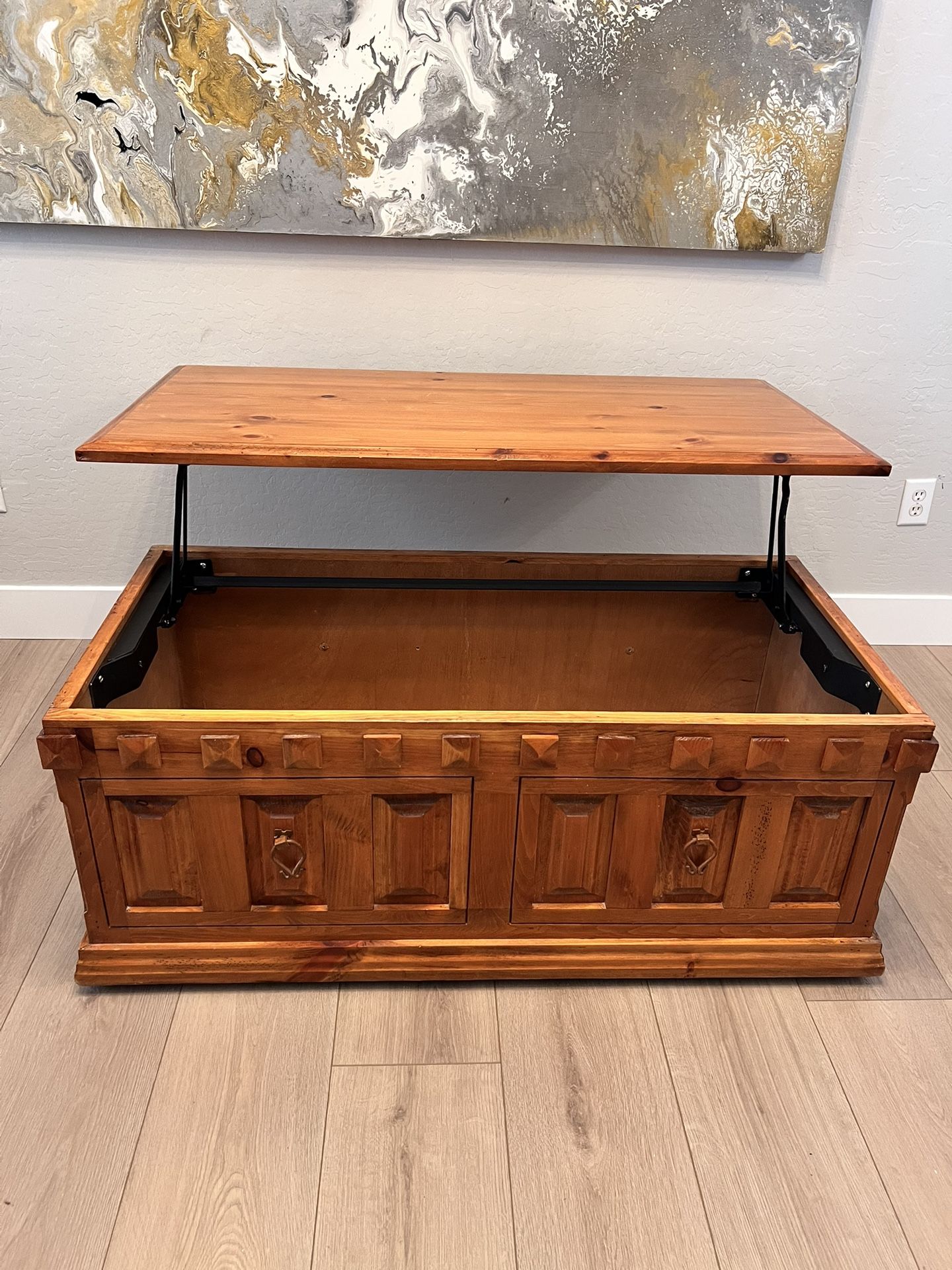 Antique Solid Wood Lift Top Trunk Chest Coffee Table On Wheels