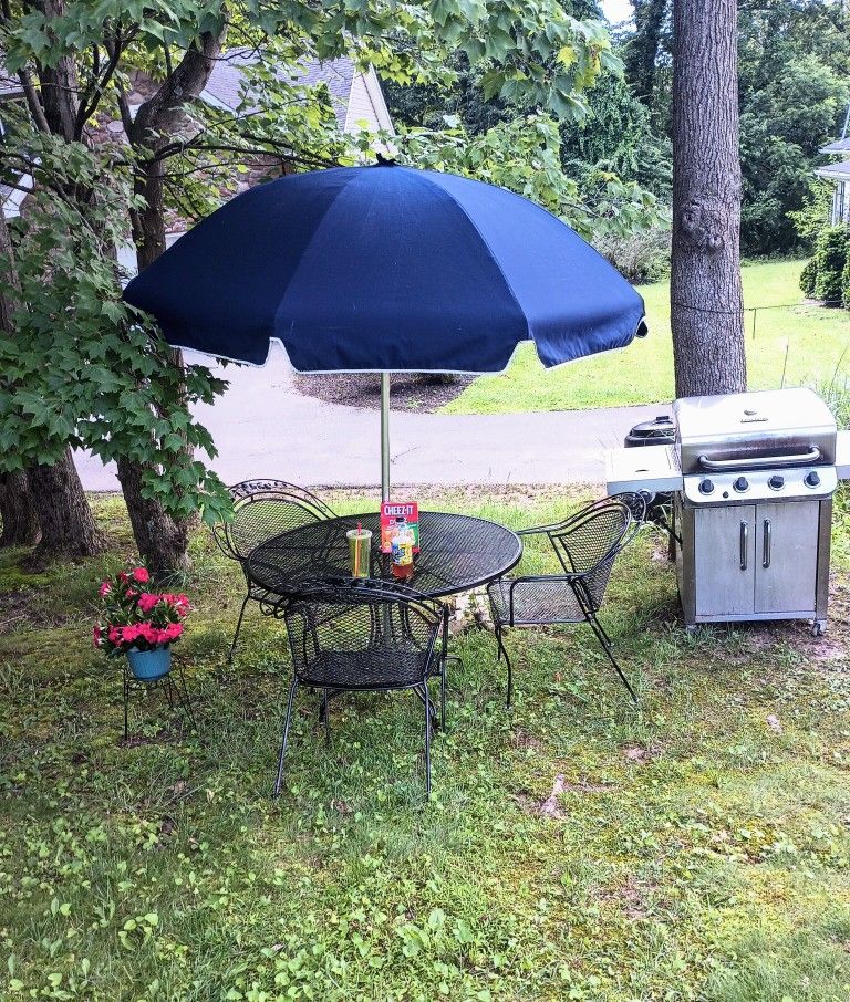 Patio Table & Chairs , Umbrella , (2) Zero Gravity Chairs & a Plant Stand +2 Pics In Post
