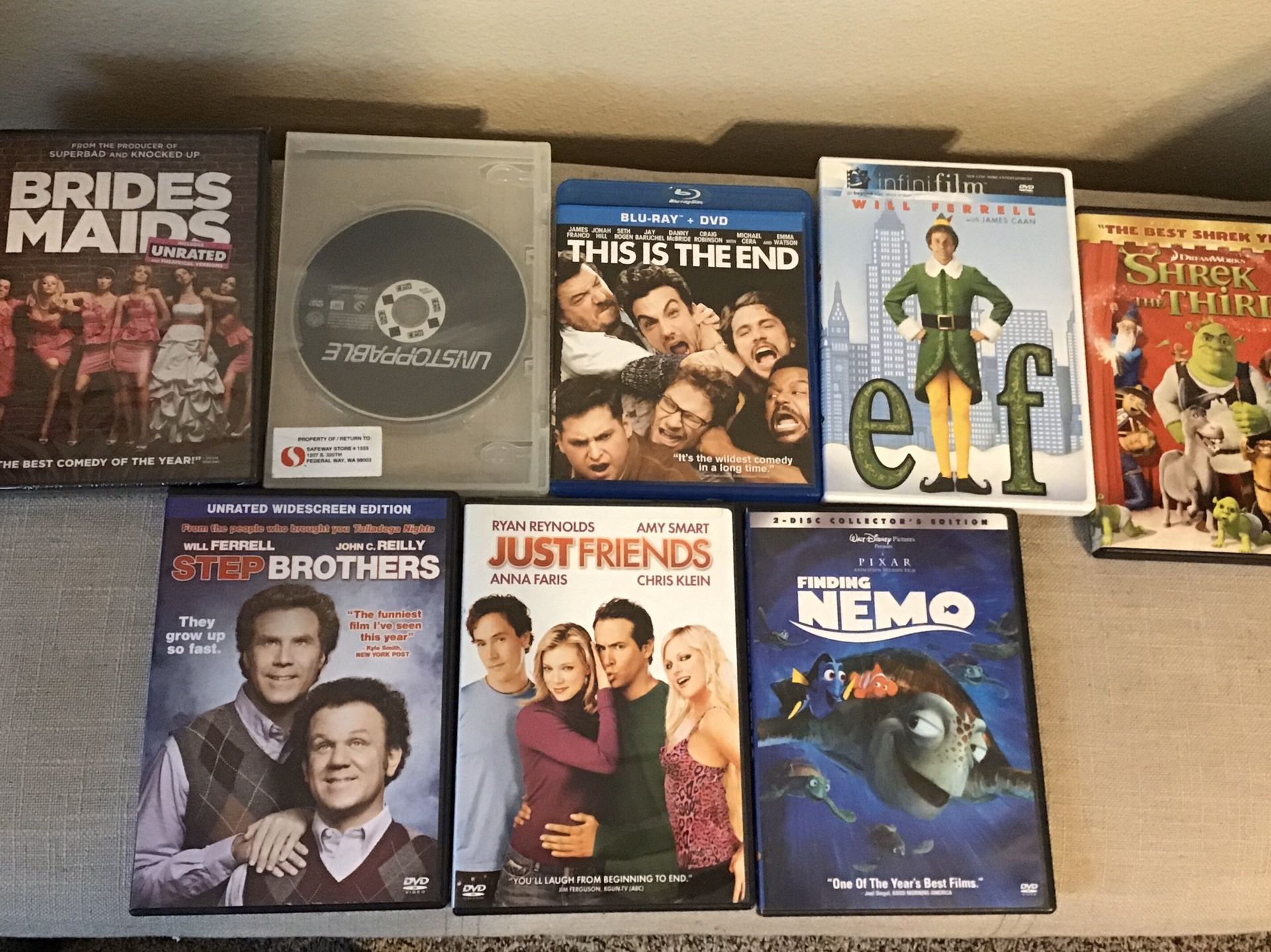 DVD bundle lot Bridesmaid sealed dvd Stepbrothers just friends Finding Nemo disc only This is the end blu ray dvd only Unstoppable Elf 1 disc