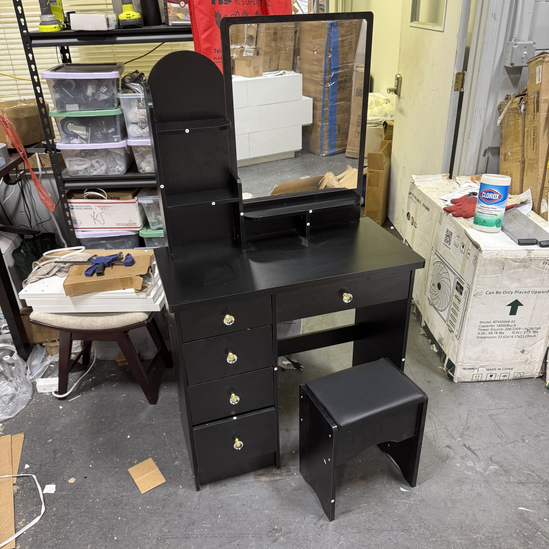 Vanit y Set with Mirror, Dressing Table with 5 Dra wers & Shelves,