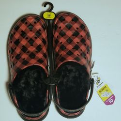 Joybees Womens Clogs in Red Black Buffalo Check pattern