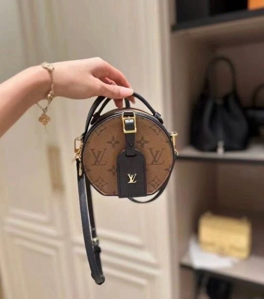Presbyopia Cowhide Canvas Round Bag Handbag Shoulder Crossbody Bag Mini Women Caramel