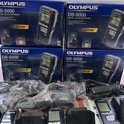 12 Olympus digital Recorders, Microphones, Power Cords, Batteries, Etc