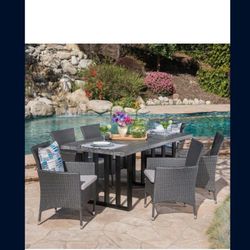 Christopher Knight Home Brenner Outdoor Wicker Dining Set with Lightweight Concrete Dining Table and Water Resistant Cushions, 7-Pcs Set, Grey Oak / B