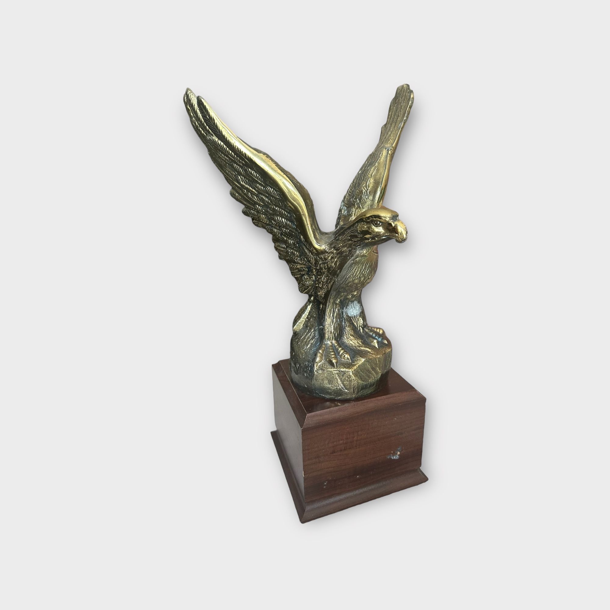 Statue Eagle Brass Figurine on Wooden Base Vintage Statue Decor 20”