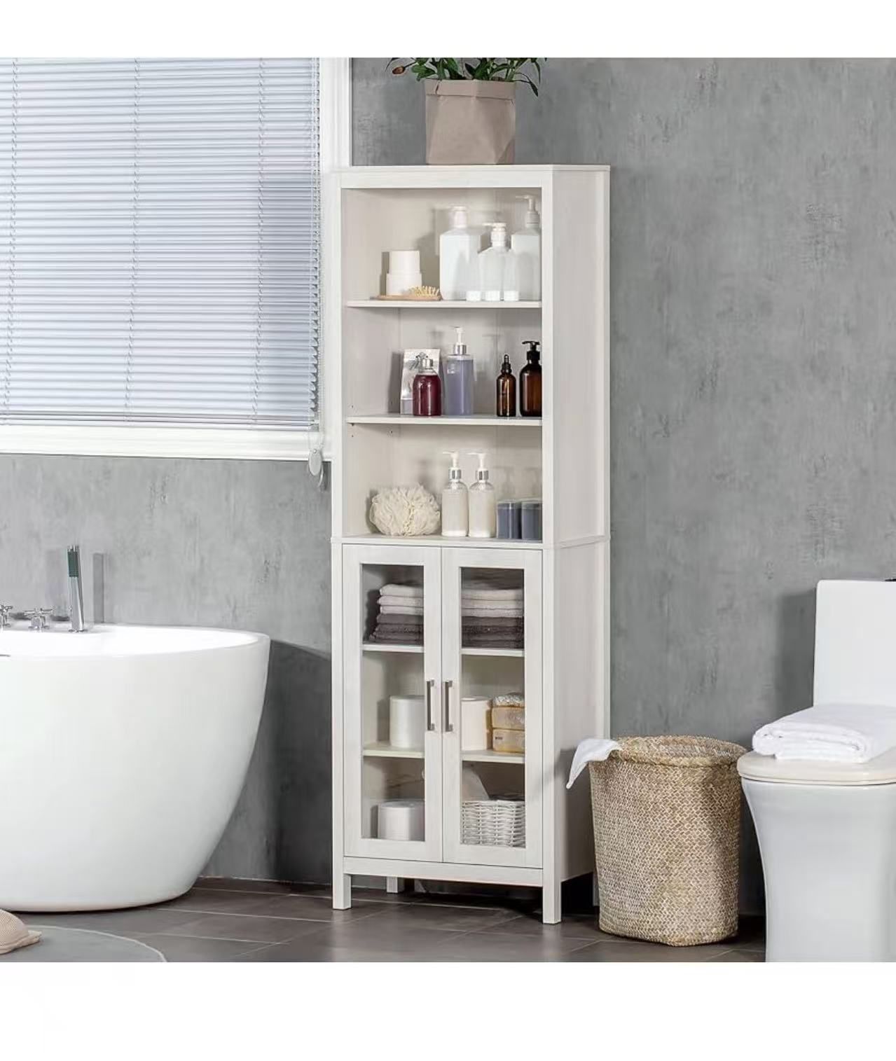 ❤️ kleankin Tall Bathroom Storage Cabinet with 3 Tier Shelf, Glass Door Cabinet, Freestanding Linen Tower with Adjustable Shelves, Antique White