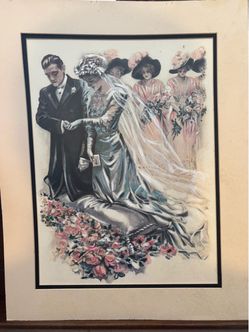 Vintage mid century large print entitled “The Wedding “, by Harrison Fisher, Shabby Chic.