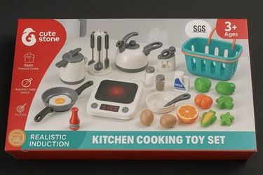 CUTE STONE Kitchen Toy Set - Induction Cooktop & Steam Pot - Lights, Sounds & Food - Like NEW!
