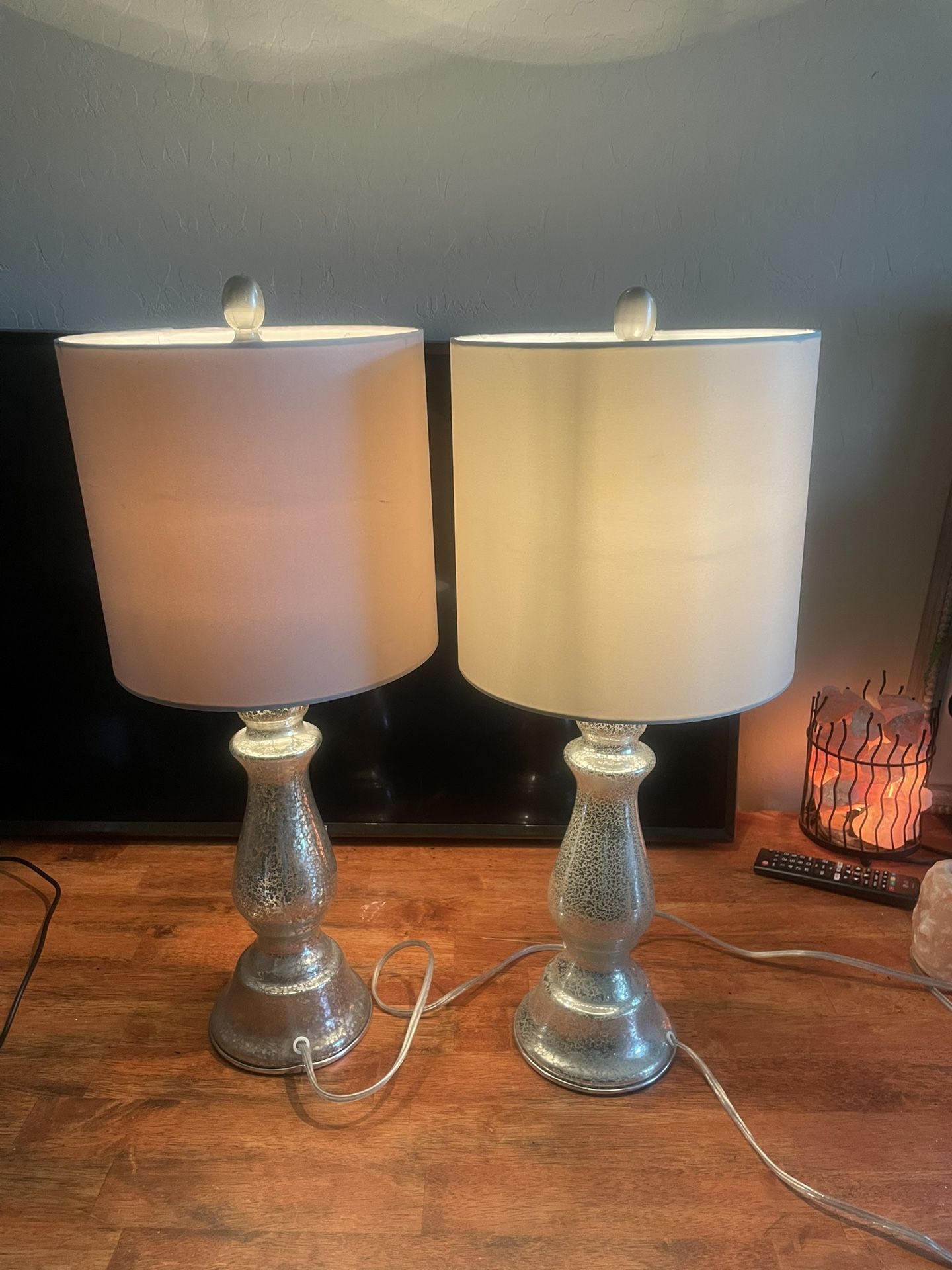 ✨ Elegant Set of 2 Silver Glass Table Lamps w/ Tall Drum Shades - 25” Height ✨  Pickup Location: Durango & 215  Transform your space with this beautif