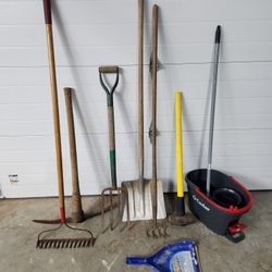 Bunble Of Yard Tools (Pick, Rake, Sledge Hammer, Large Shovel, Spading Fork, Gardening Fork, Long Handle Cultivator), Mop & Dust Pan
