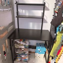 sturdy desk with a metal bookshelf attached