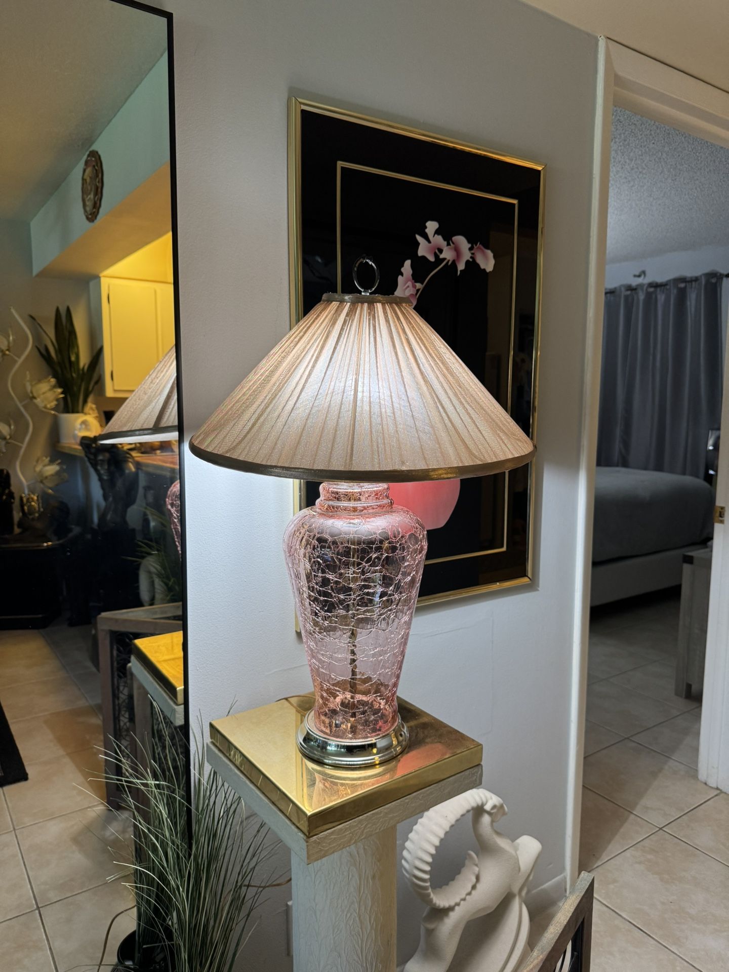 Vintage Mid Century Pink Blenko Style Cracklew Glass Lamp with Brass Accents MCM 80s