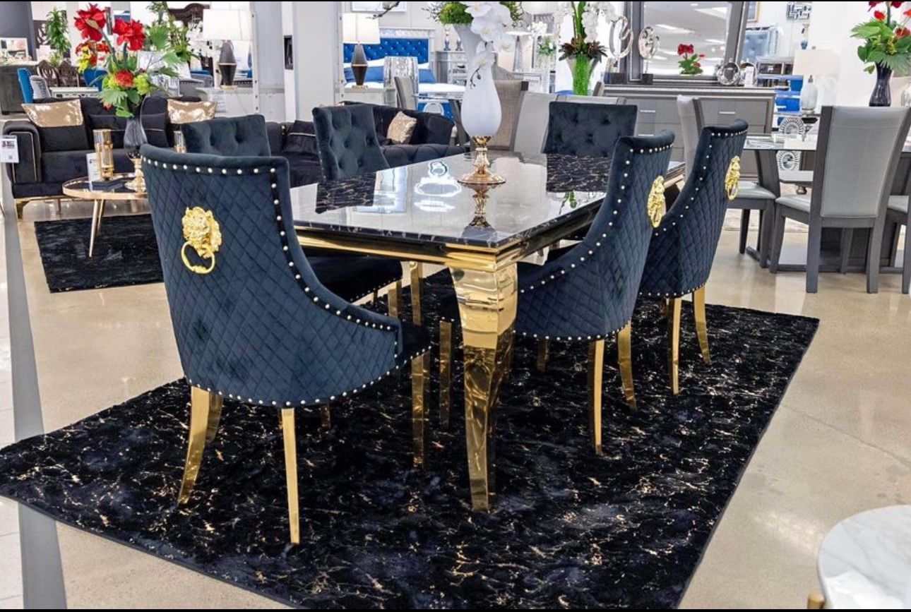 7PC Black & Gold Dining Table Set