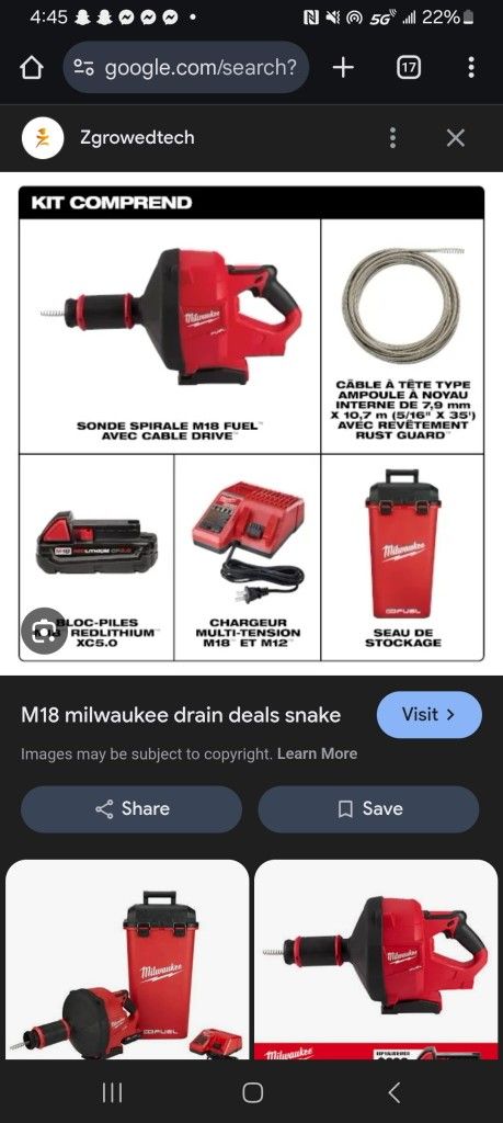 Milwaukee 35 Ft Snake Cordless Battery Included With Charger And Carry Case