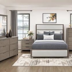 BEDROOM SET 4PC(BED FRAME,NIGHT STAND,DRESER&MIRROR) AaaCONTEMPORARY LIGHT GREY OAK BEIGE CHENILLE UPHOLSTHERYH B )