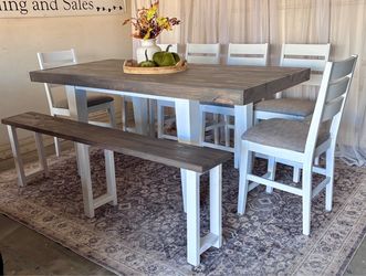 💜farmhouse dining set counter bar height table 6 six stools bench chairs farm style barstools white brown gray grey
