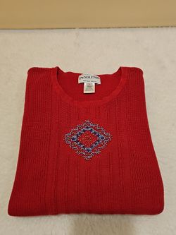 Pendelton Women's Large Red Aztec Beaded Pullover All Cotton Sweater