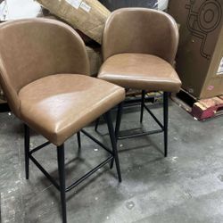 Barstools Bar Height Set of 2, Upholstered 360° Swivel Bar Stools with Backs and Metal Legs, 30" H Seat Height, Faux Leather in Saddle Brown