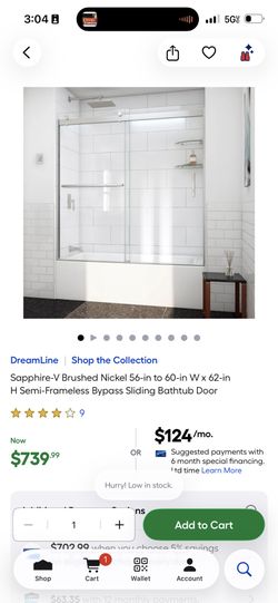  Sapphire-V Brushed Nickel 56-in to 60-in W x 62-in H Semi-Frameless Bypass Sliding Bathtub Door