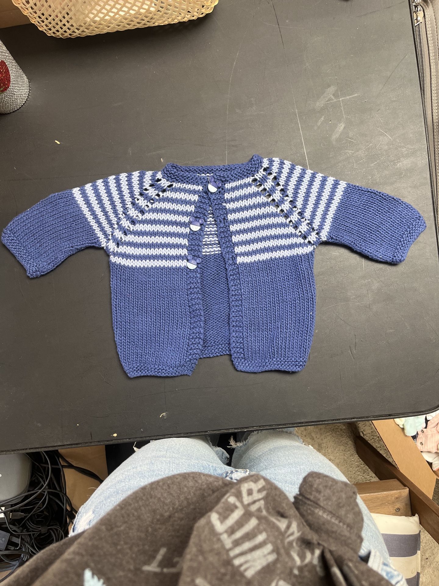FREE- Handmade Baby Knit Sweater – Blue & White Striped (6–9 Months)