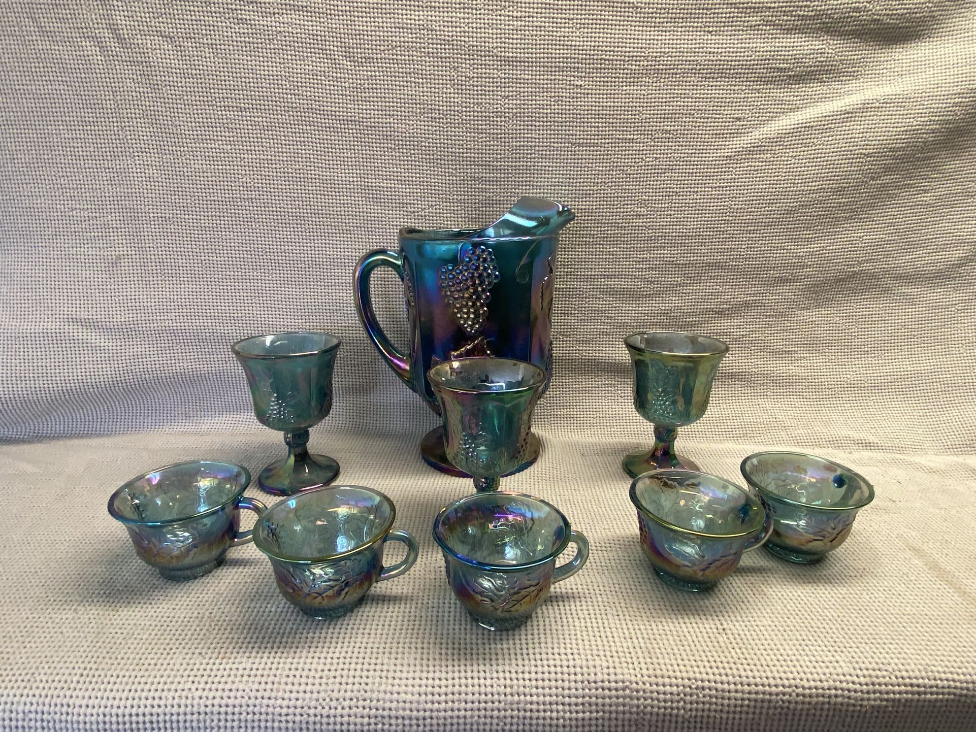 Indiana Glass Iridescent Blue Carnival Harvest Grape, Pitcher, Goblets, Cups And Tall Candy Dish