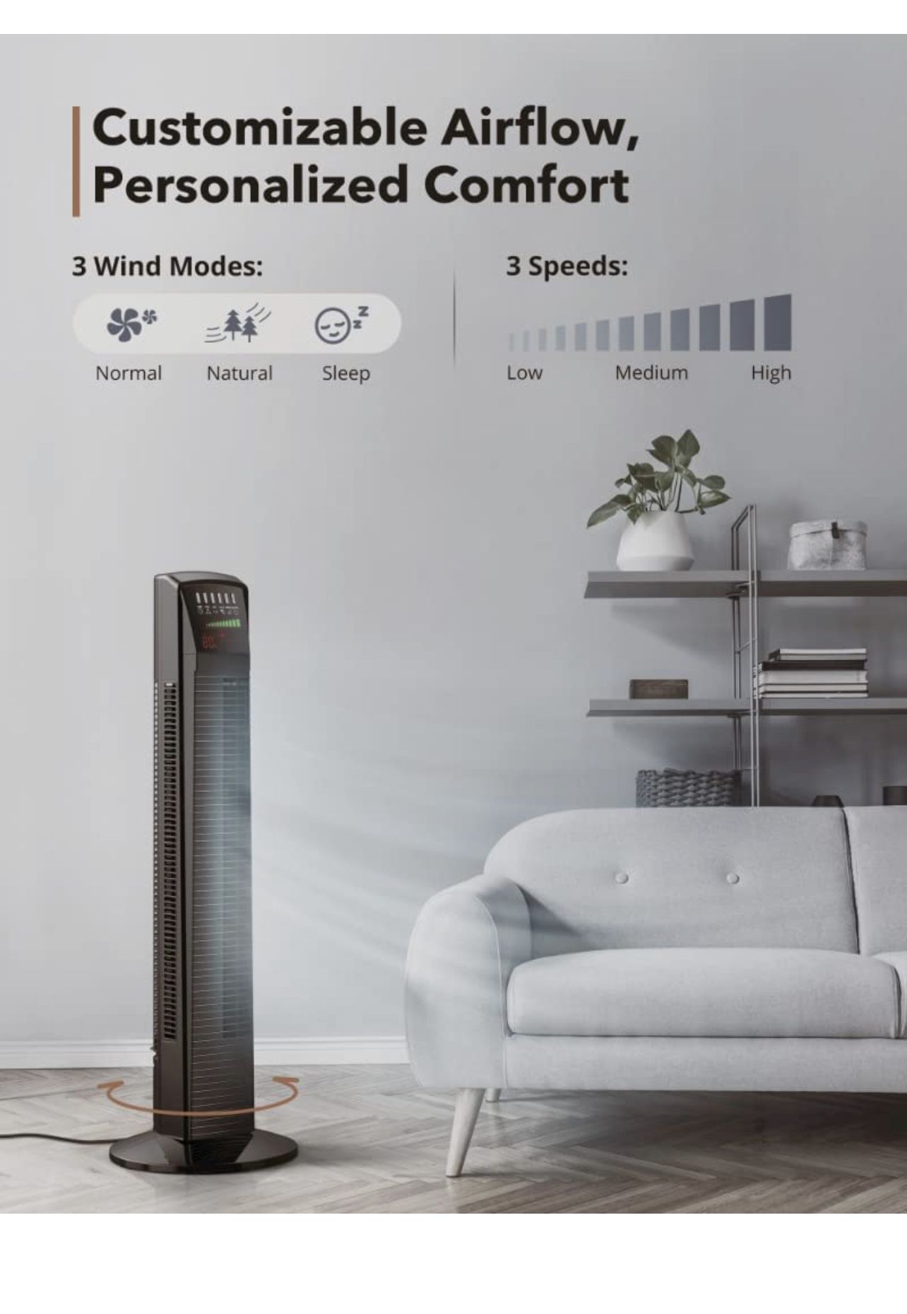  Tower Fan, 34” 65°Oscillating Cooling Fan with 3 Speeds, 3 Modes, Remote Control, LED Display, 12-Hour Timer, Portable St