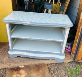 Distressed Grey and White Open Shelf Console Cabinet