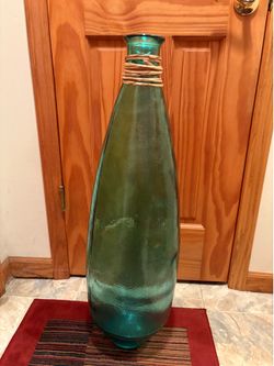 Large 32” High Green Glass Floor Vase Made in Spain