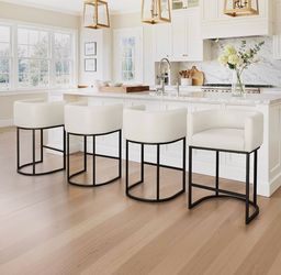 Set Of 4 LUE BONA Counter Height Bar Stools , Modern Barrel Counter Stools with Backrest and Arms, Black Metal Frames, Faux Leather Upholstered Accent