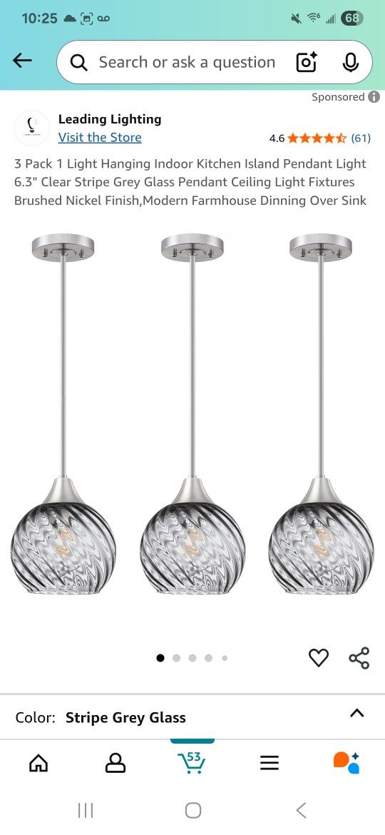 3 Pack 1 Light Hanging Indoor Kitchen Island Pendant Light 6.3" Clear Stripe Grey Glass Pendant Ceiling Light Fixtures Brushed Nickel Finish,Modern Fa