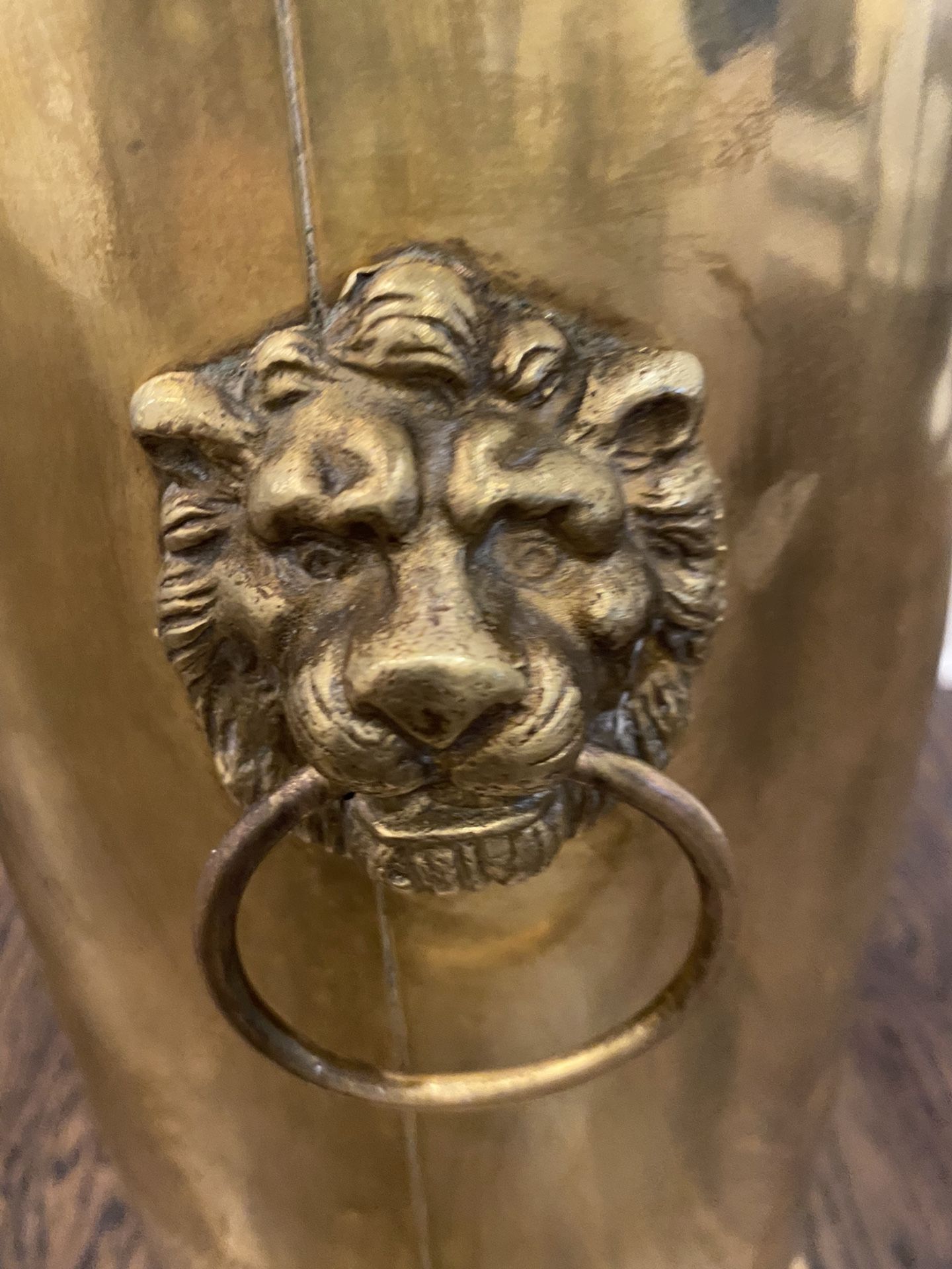 Brass umbrella stand lion’s head handles @abandonedroyalty