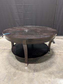 Contemporary Dark Wood Round Coffee Table with Lower Shelf
