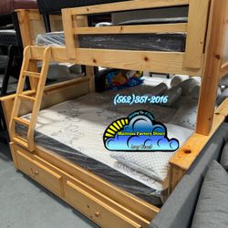 Heavy Duty Wood Bunk Bed Twin/ Full With Twin Pull Out Trundle Bed Both Mattresses Included Cama Litera 