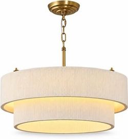 20" Boho Coastal Rattan Chandelier, Double Drum Pendant Light White,Hand-woven 4-layer rattan shade