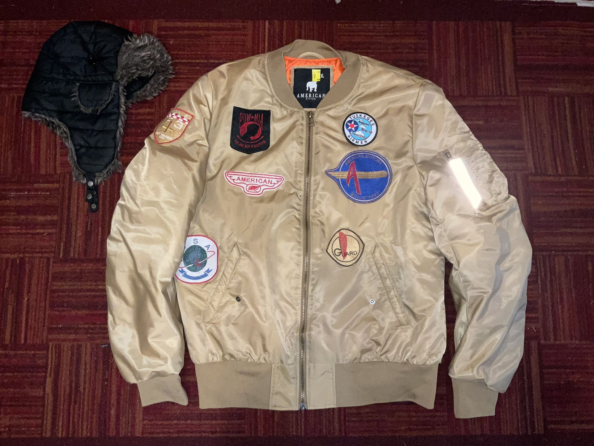 Tuskegee Airmen Bomber Jacket With Patches All Over and Bonus Bomber Hat Cap Limited Edition Adult Men’s XL American Stitch New  
