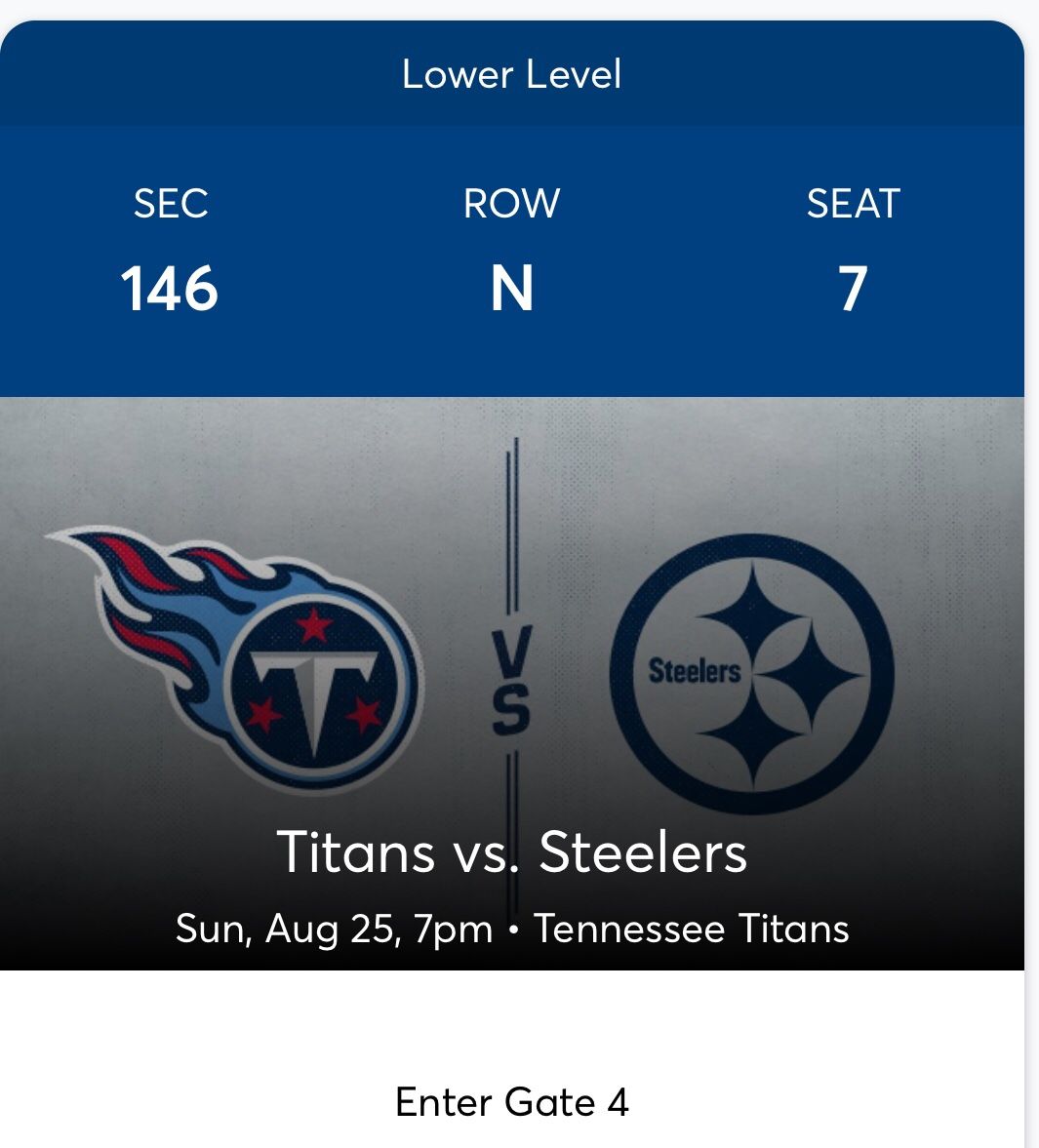 Titans vs Steelers Tickets $98 each
